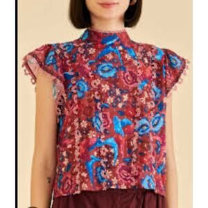 Farm Rio Blush Floral Birds Sleeveless Blouse Size L